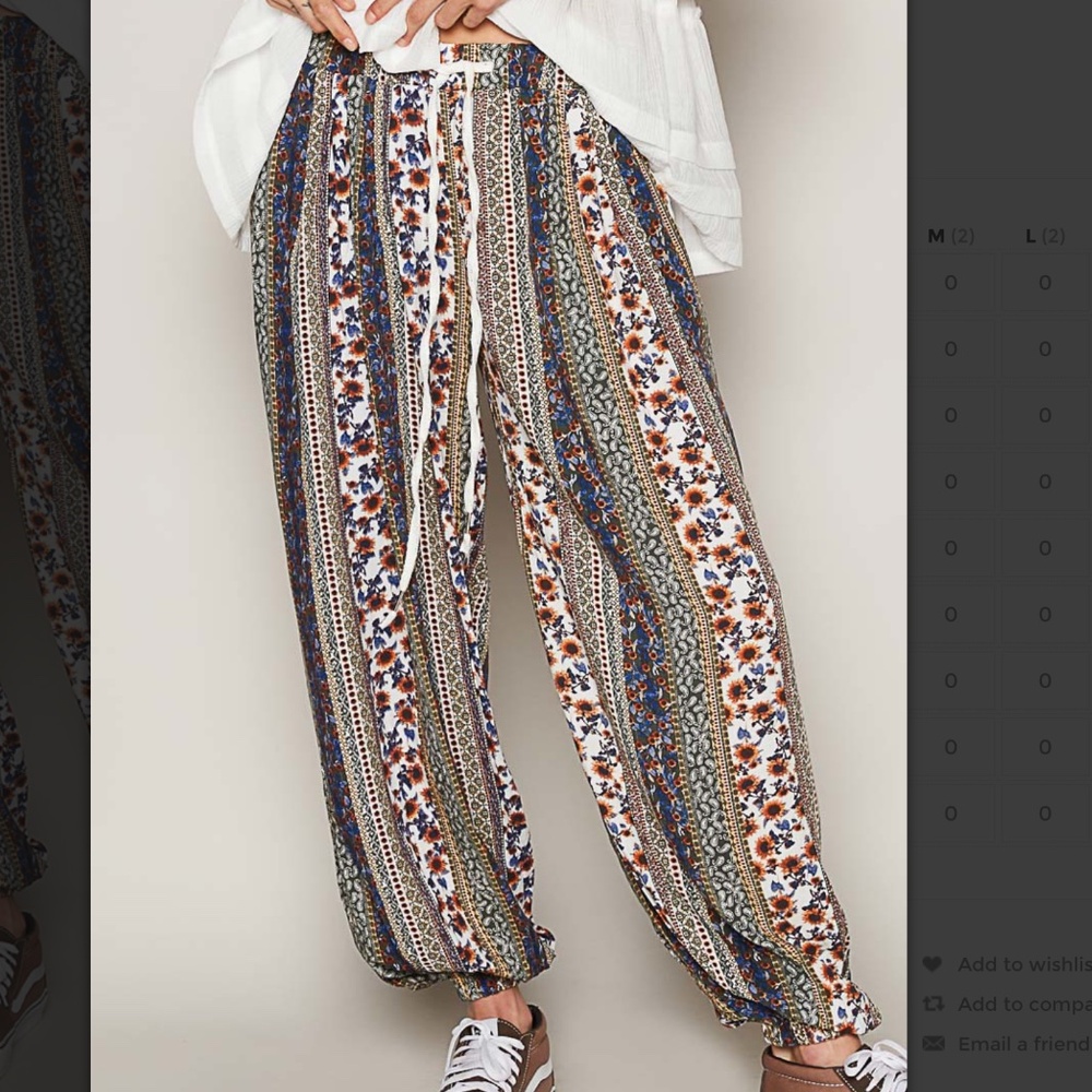 POL Striped Floral Boho Track Pants in White, Blue & Brown